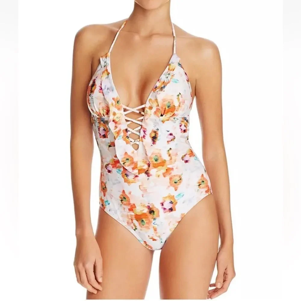 Shoshanna Deep V Halter One Piece Lace Up Swimsuit Bathing Suit Size 6 $230